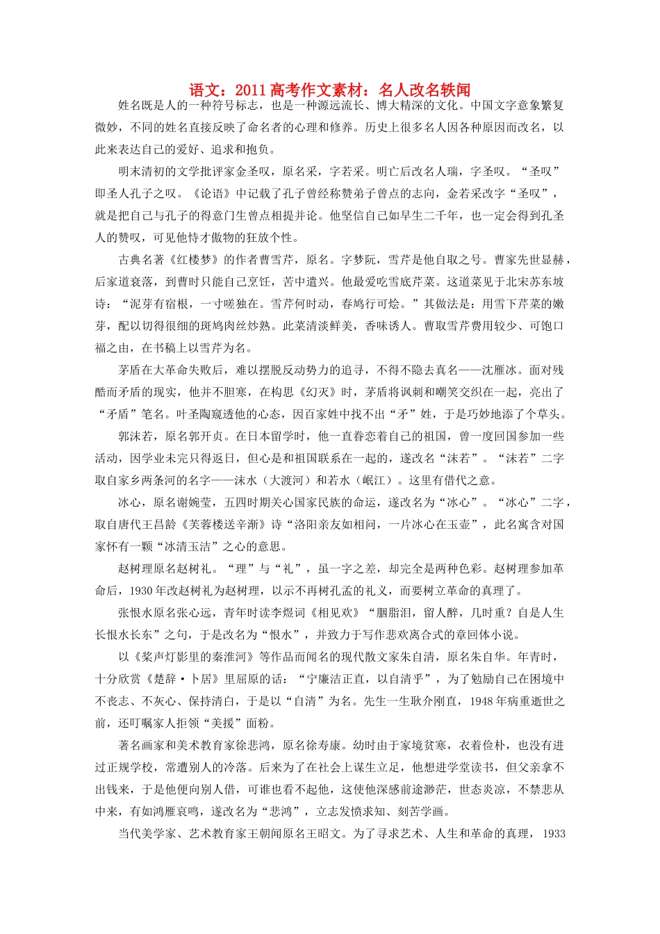 2011高考语文 名人改名轶闻作文素材_第1页