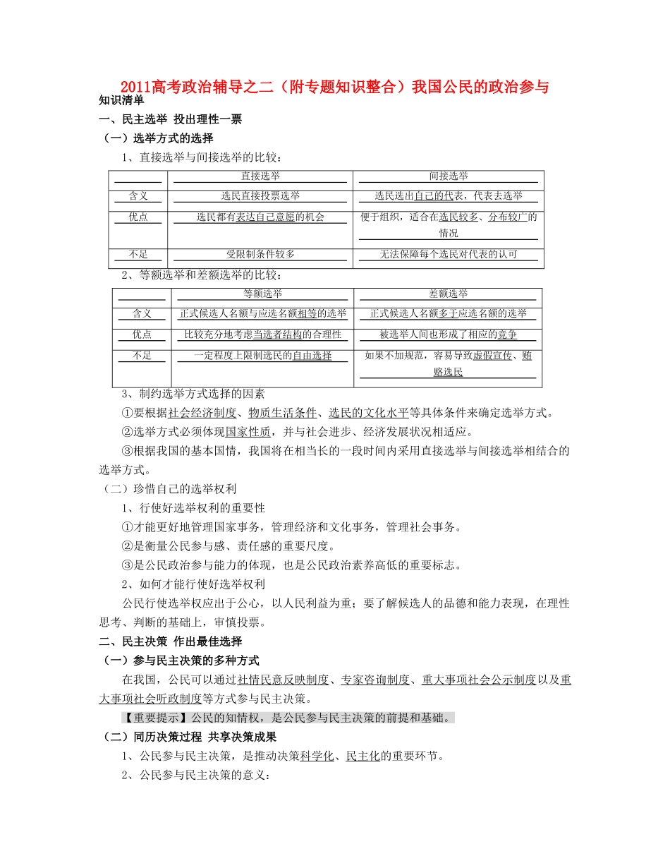 2011高考政治辅导之2 我国公民的政治参与（附专题知识整合）素材 新人教版_第1页