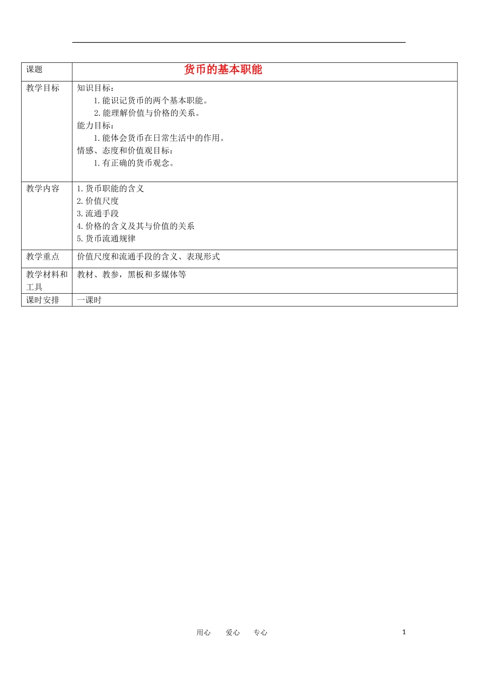 2011高中政治 1.1 揭开货币的神秘面纱-货币的基本职能教案 新人教版必修1_第1页
