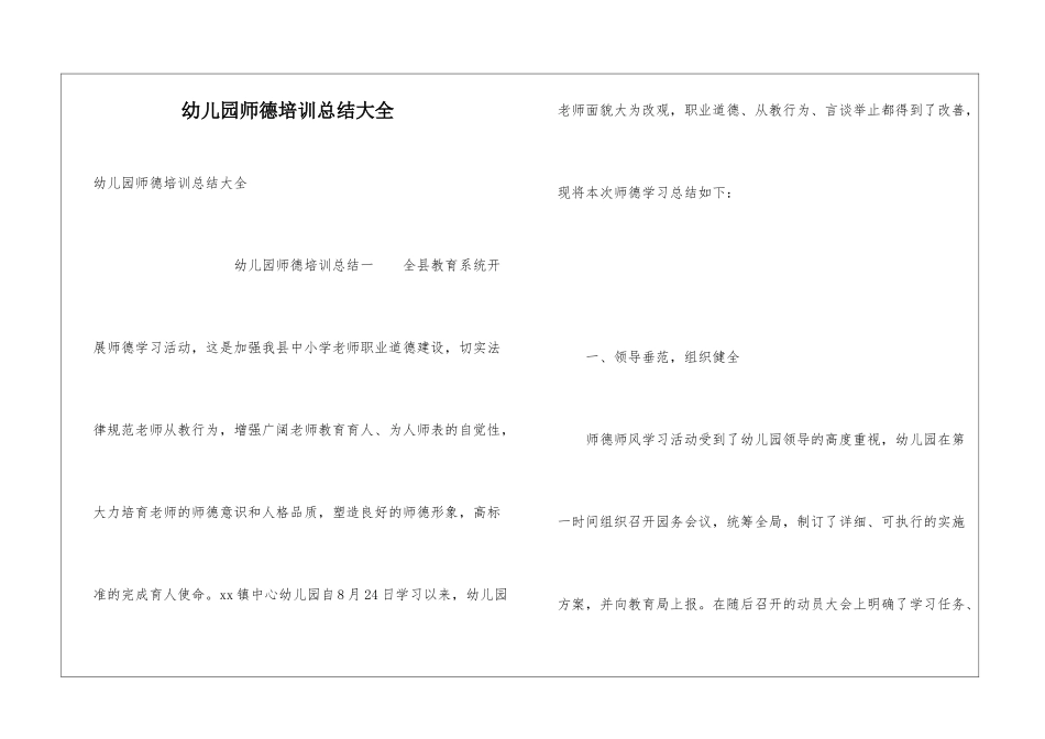 幼儿园师德培训总结大全_第1页