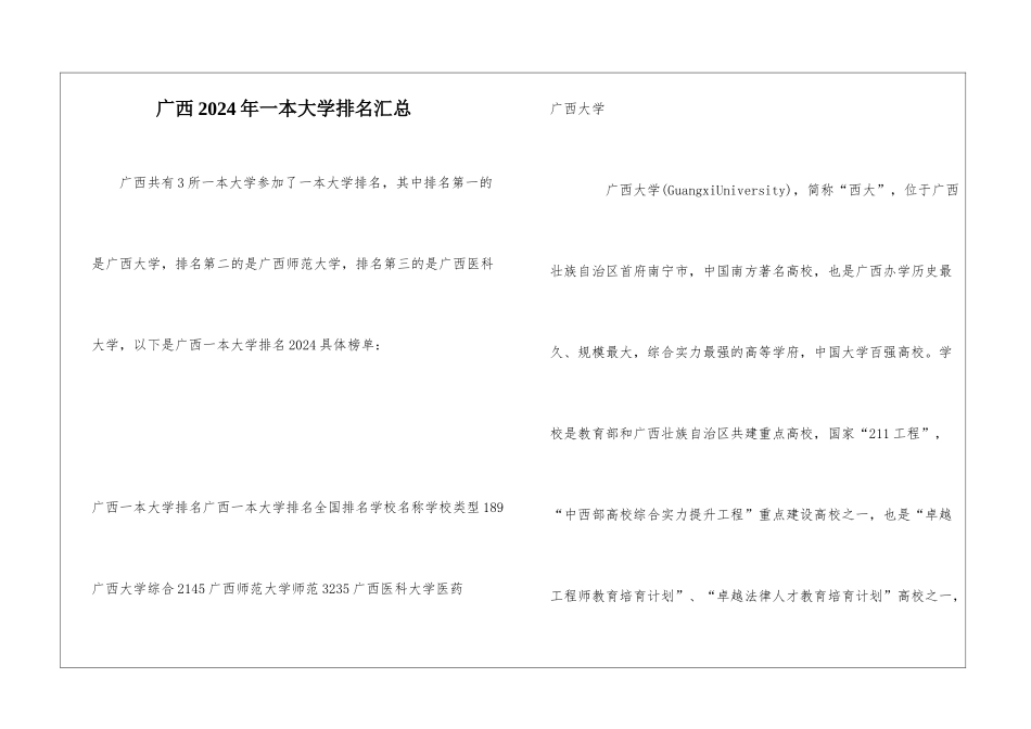 广西2024年一本大学排名汇总_第1页