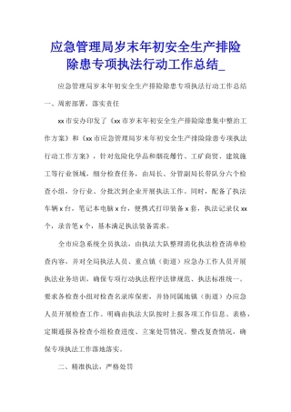 应急管理局岁末年初安全生产排险除患专项执法行动工作总结