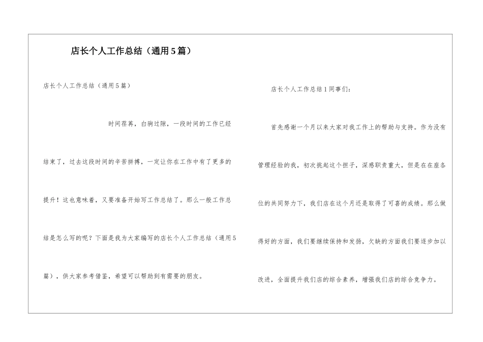 店长个人工作总结(通用5篇)_第1页