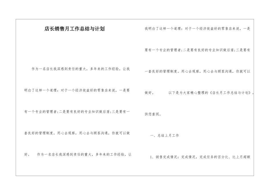 店长销售月工作总结与计划_第1页