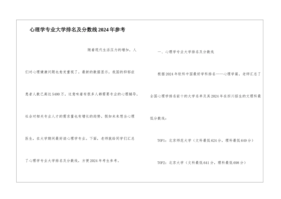 心理学专业大学排名及分数线2024年参考_第1页