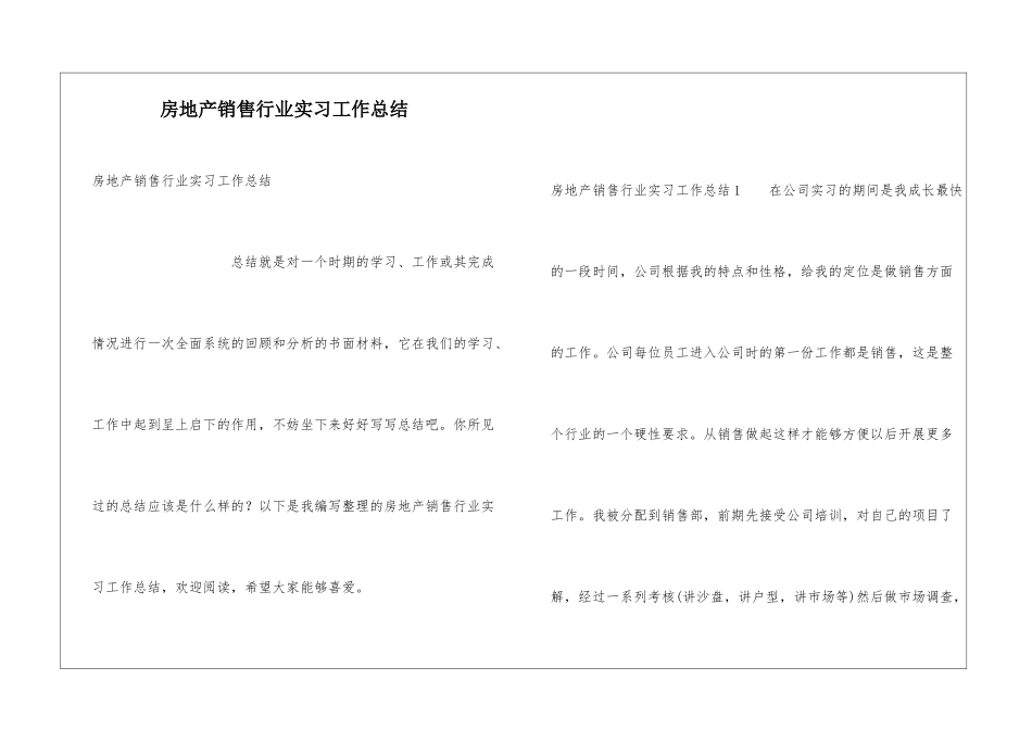 房地产销售行业实习工作总结_第1页