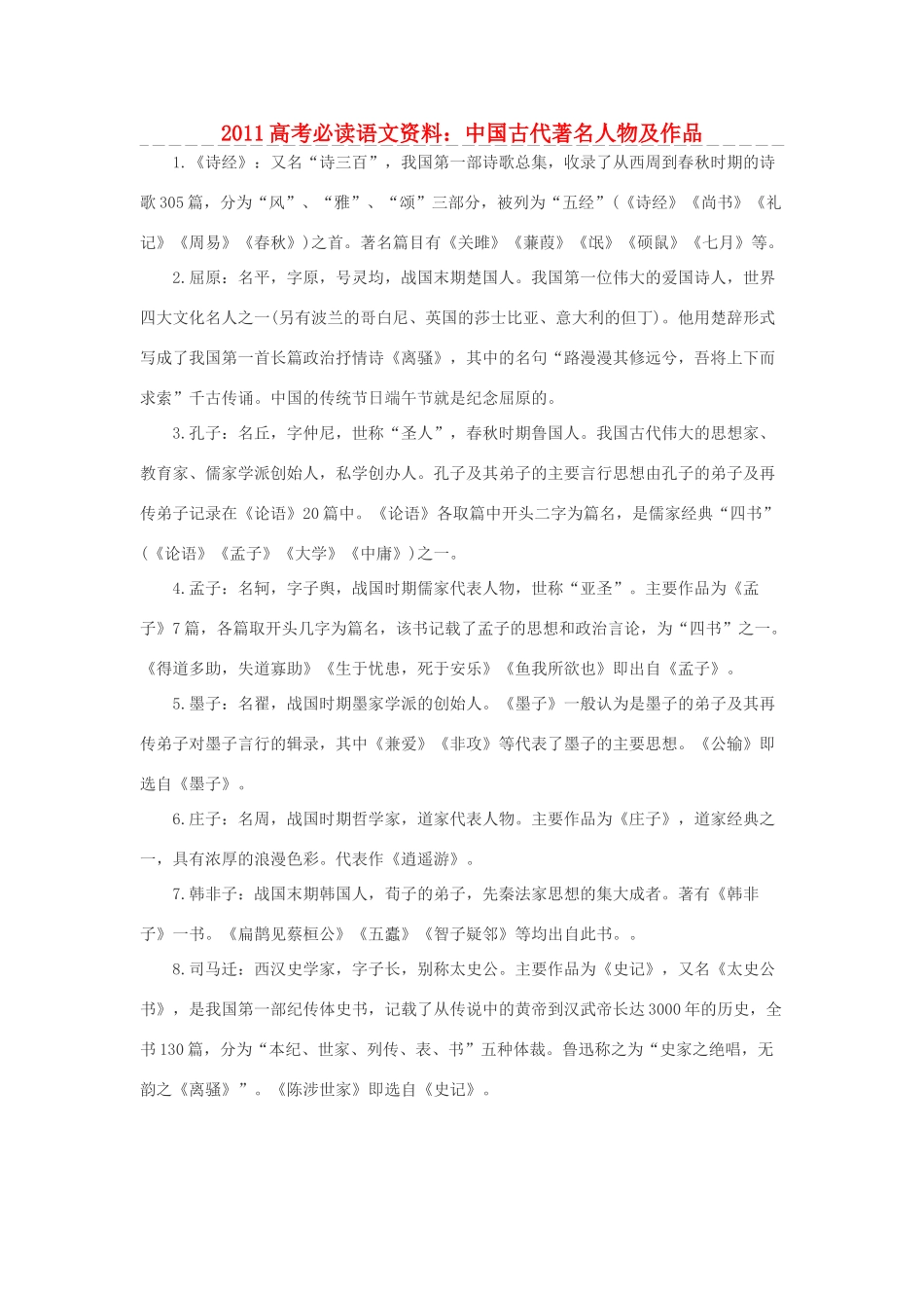 2011高考语文 必读资料中国古代著名人物及作品素材_第1页