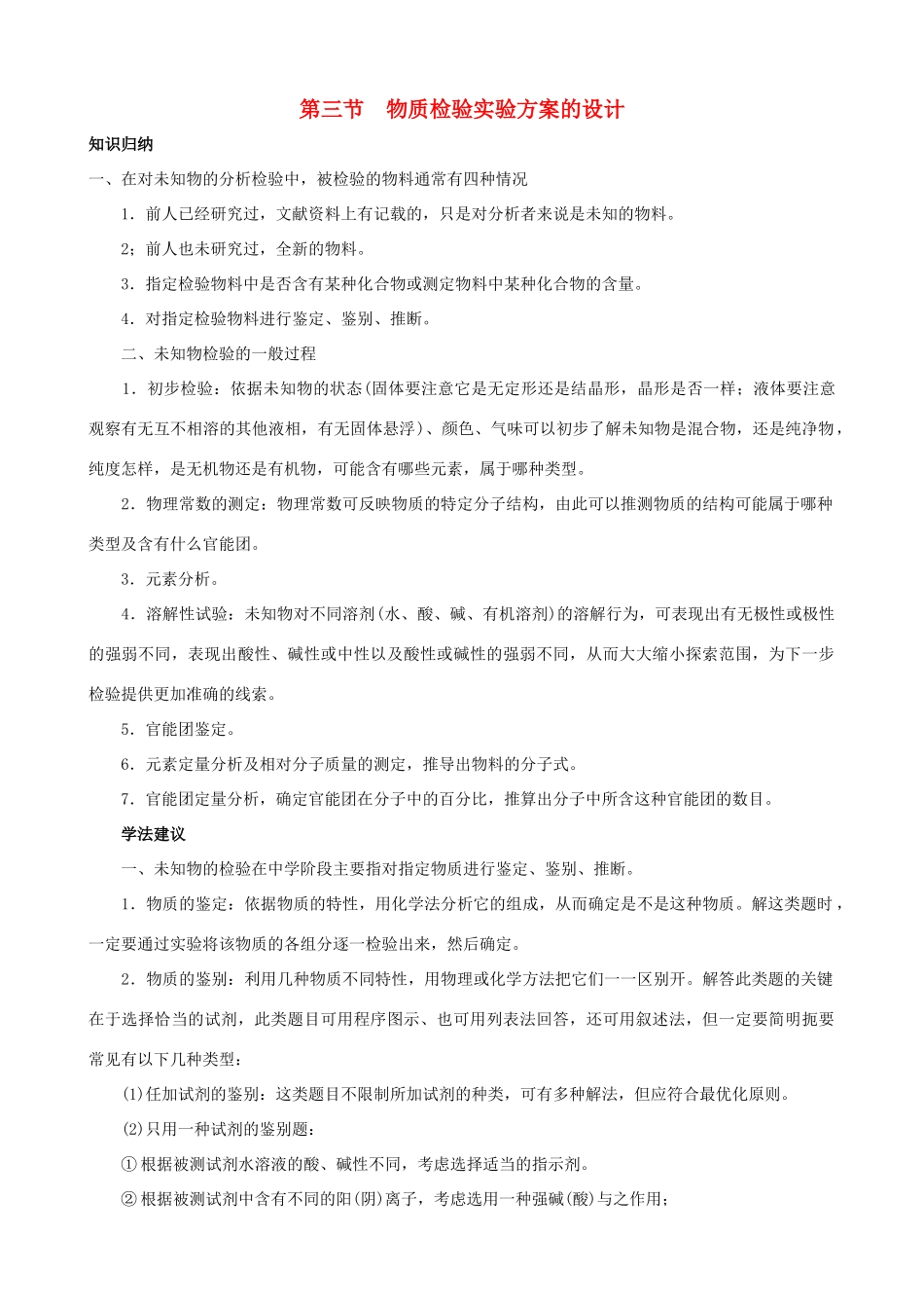 2012届高三化学一轮知识点精编 物质检验实验方案的设计学案_第1页