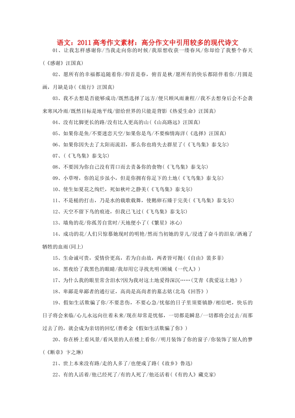 2011高考语文 作文素材高分作文中引用较多的现代诗文_第1页