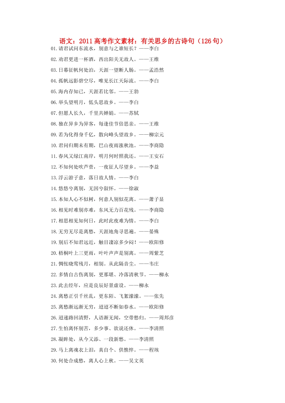 2011高考语文 有关思乡的古诗句（126句）作文素材_第1页