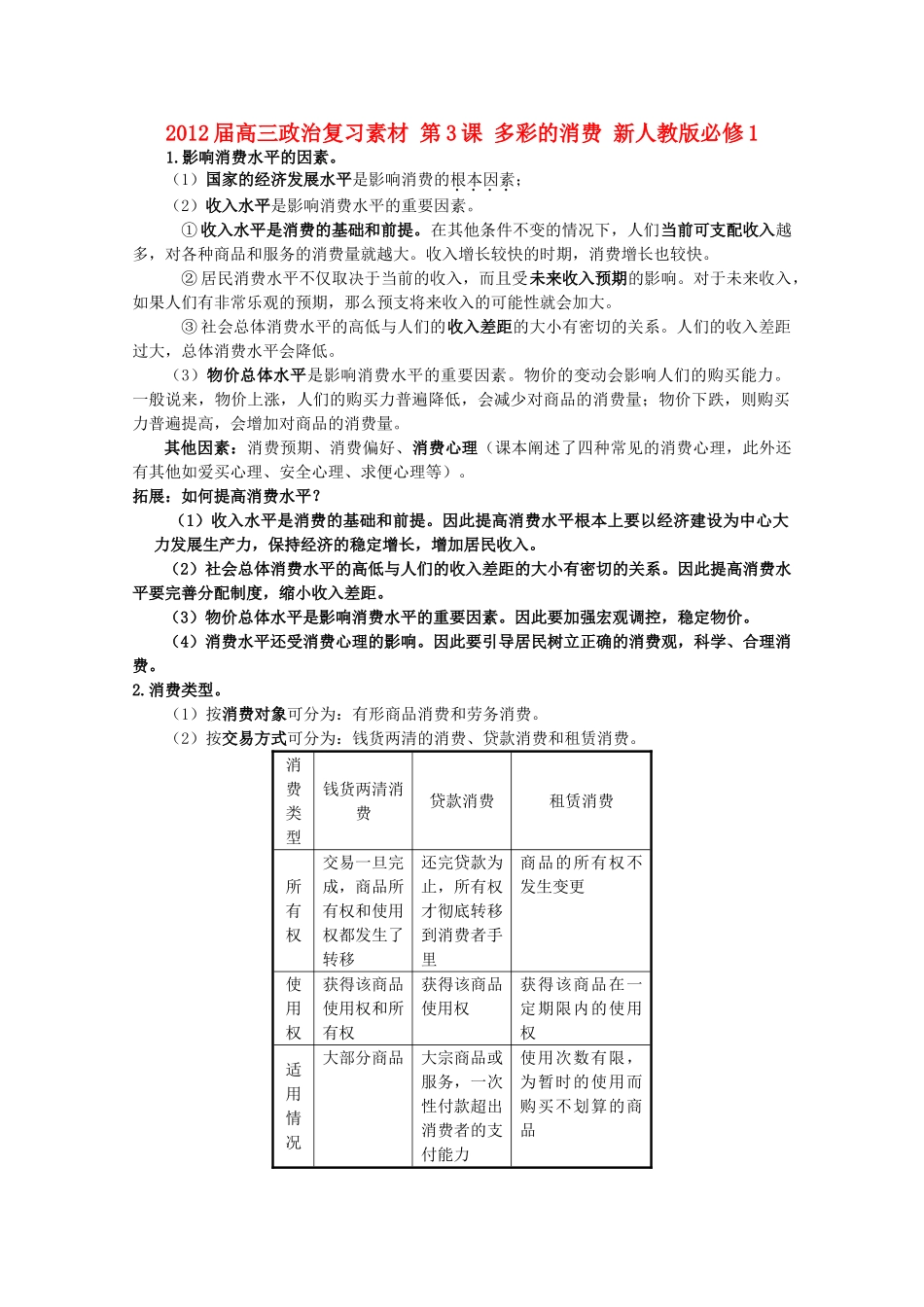 2012届高考政治 第3课 多彩的消费 复习素材 新人教版必修1_第1页