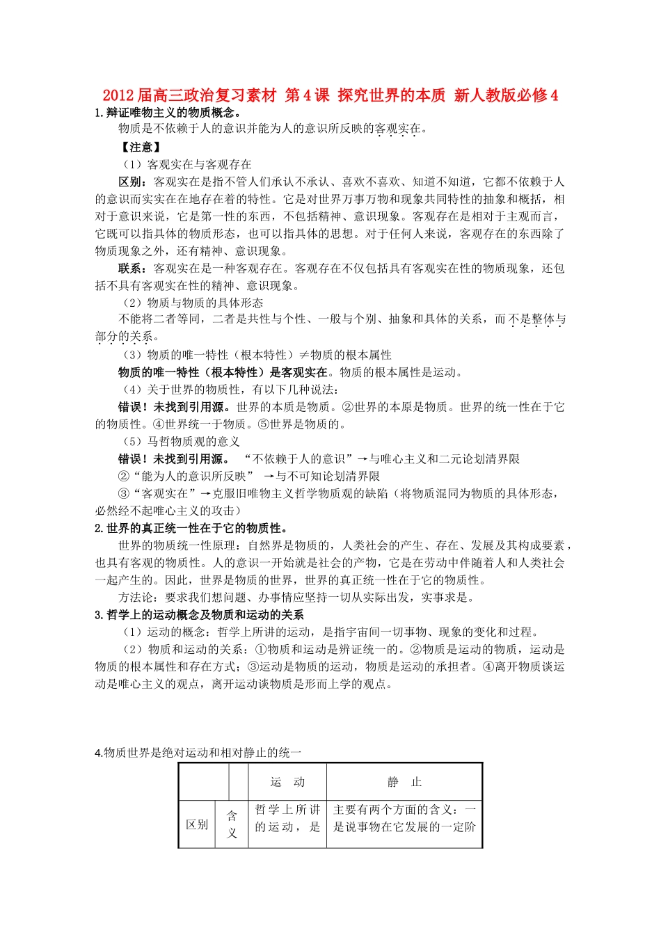 2012届高考政治 第4课 探究世界的本质 复习素材 新人教版必修4_第1页