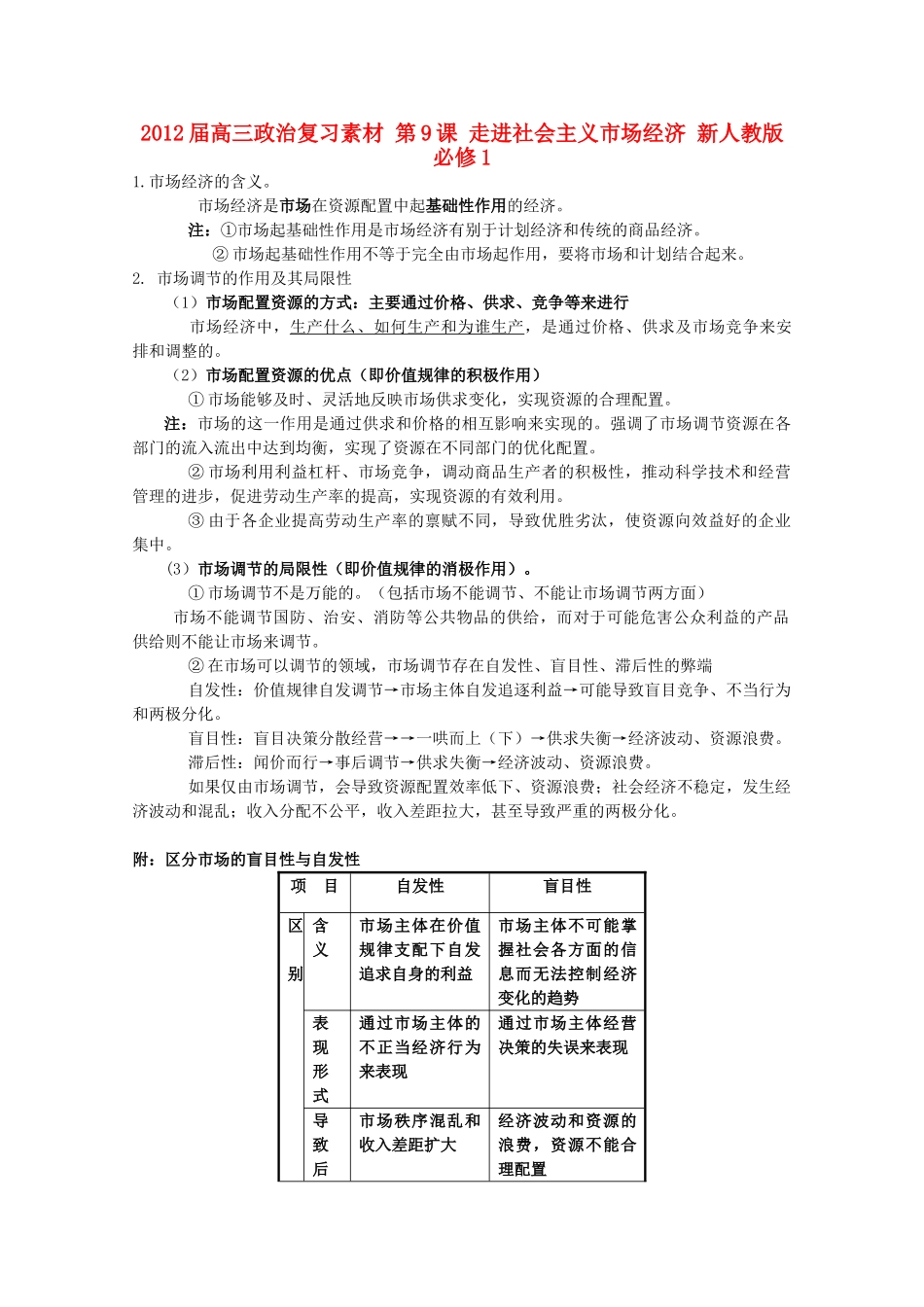 2012届高考政治 第9课 走进社会主义市场经济 复习素材 新人教版必修1_第1页