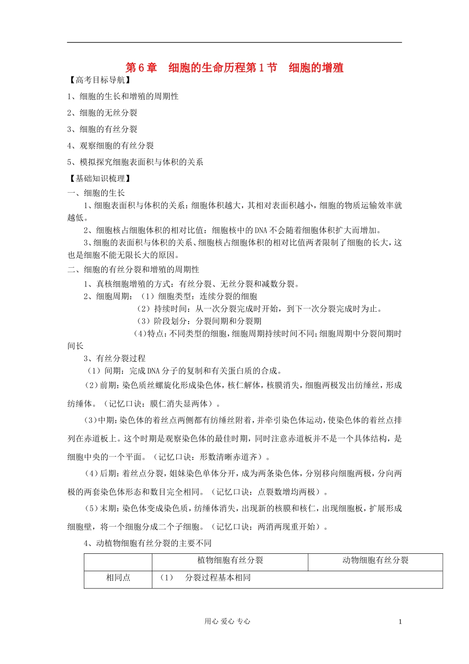 2012届高三生物一轮复习 6.1 细胞的增殖精品学案 新人教版必修1_第1页