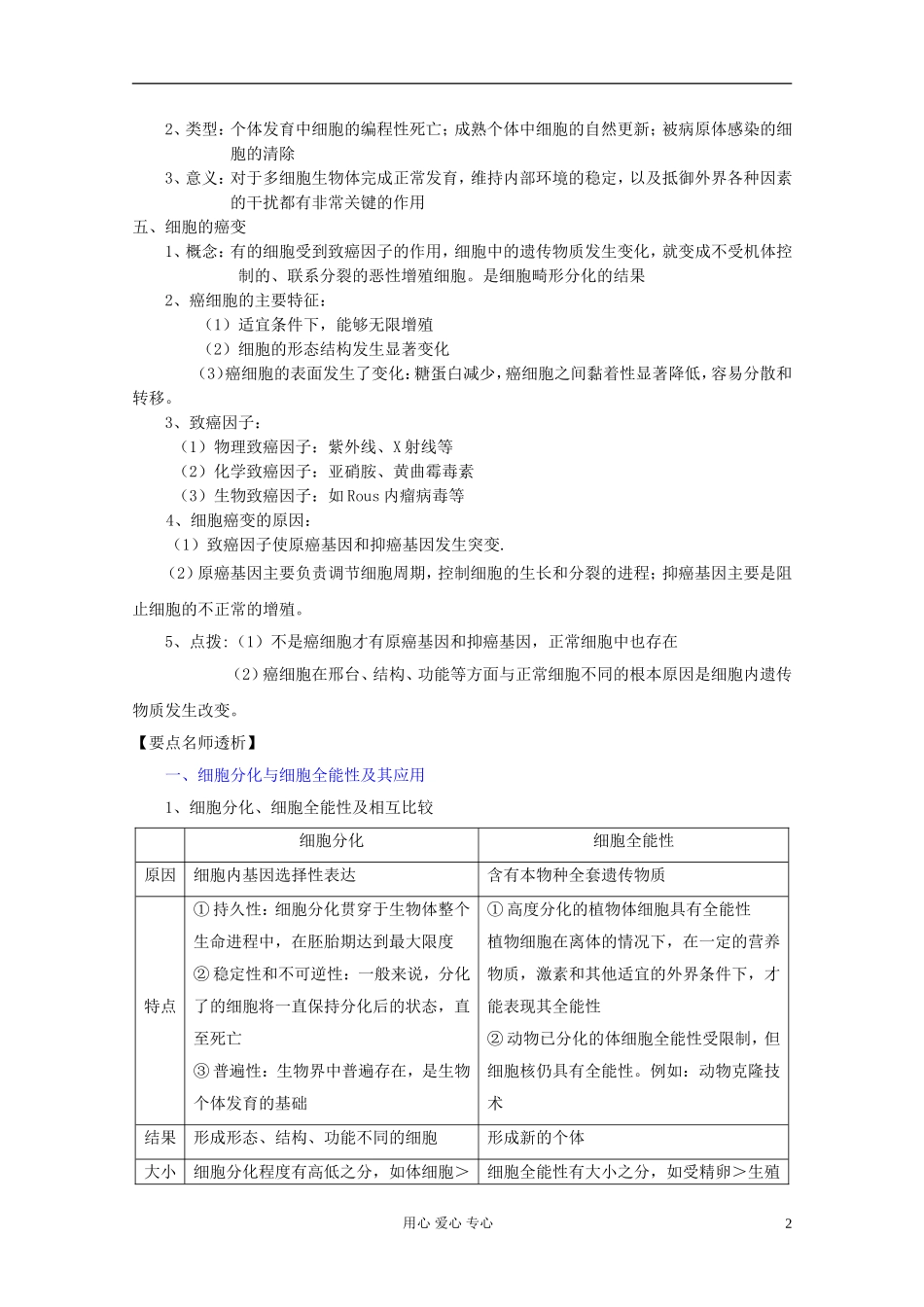 2012届高三生物一轮复习 6.2 细胞的分化、衰老、凋亡和癌变精品学案 新人教版必修1_第2页