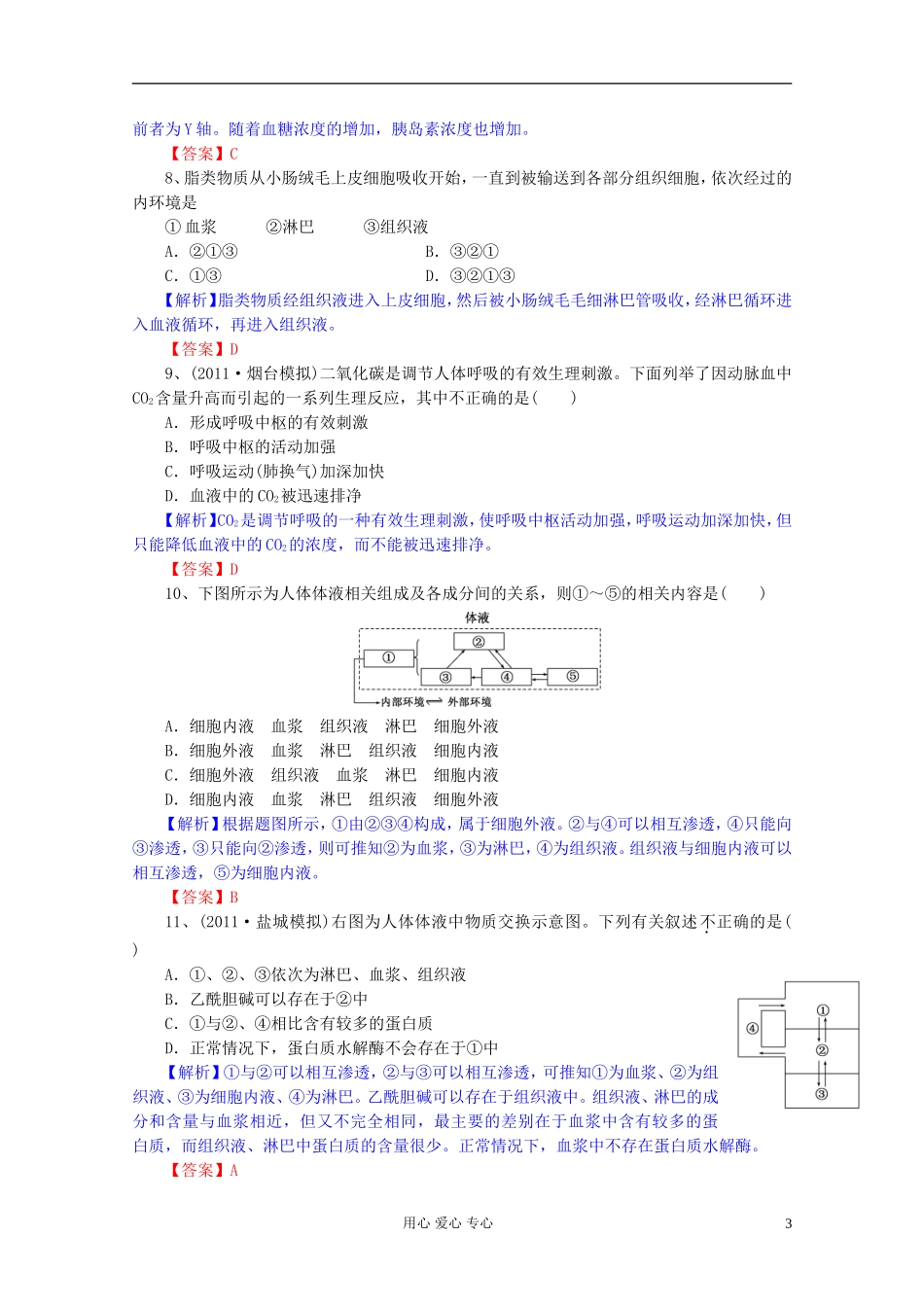 2012届高三生物一轮复习 第1章 人体的内环境与稳态（单元复习）精品学案 新人教版必修3_第3页