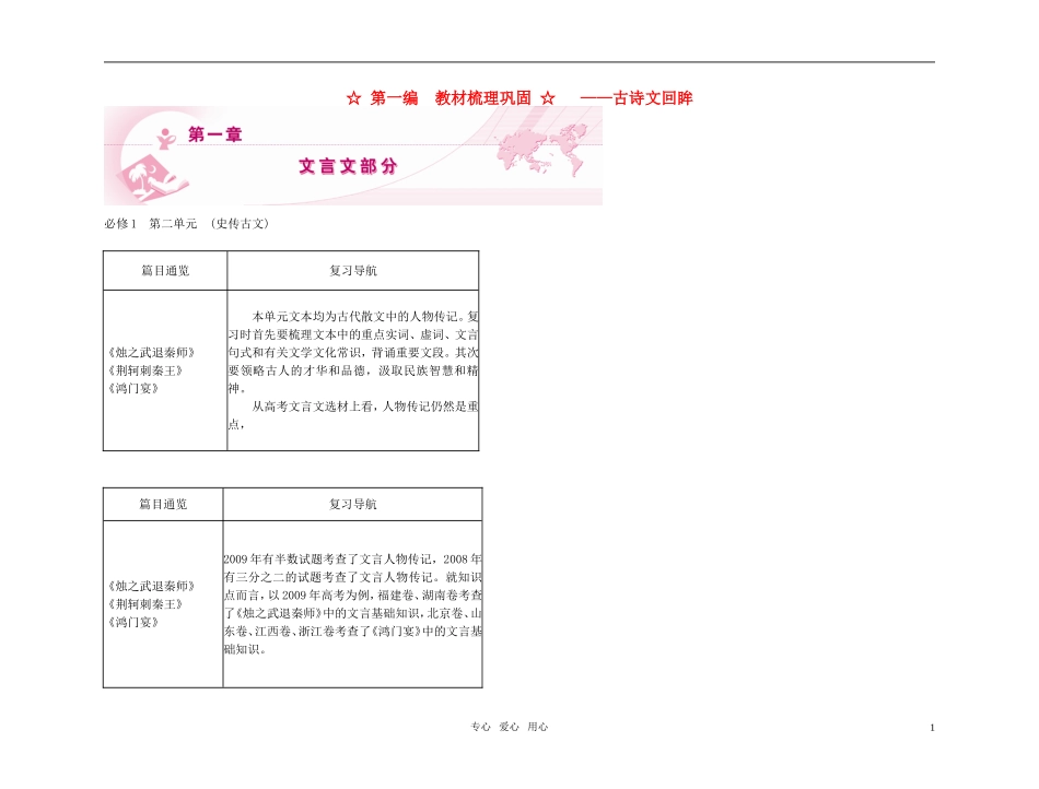 2011高考语文总复习 特级教师指导复习文言文 史传古文全部学案 必修1_第1页