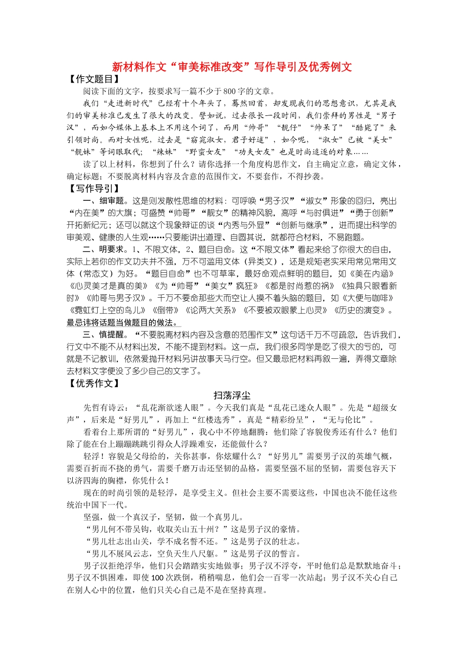 2011高考语文作文专题辅导 新材料作文“审美标准改变”写作导引与优秀例文_第1页