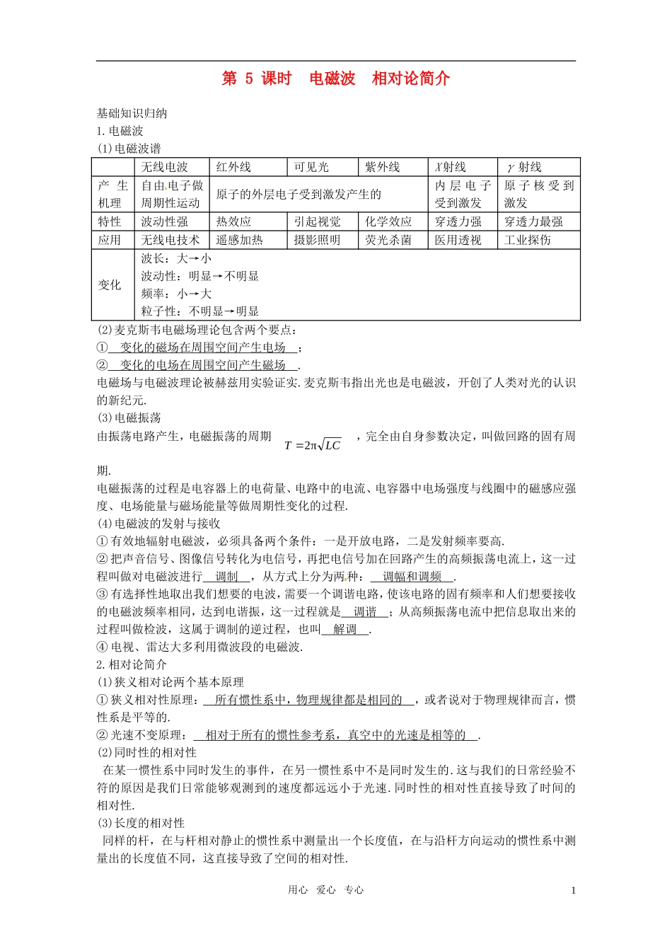 2012届高考物理一轮复习 11.5电磁波 相对论简介学案_第1页