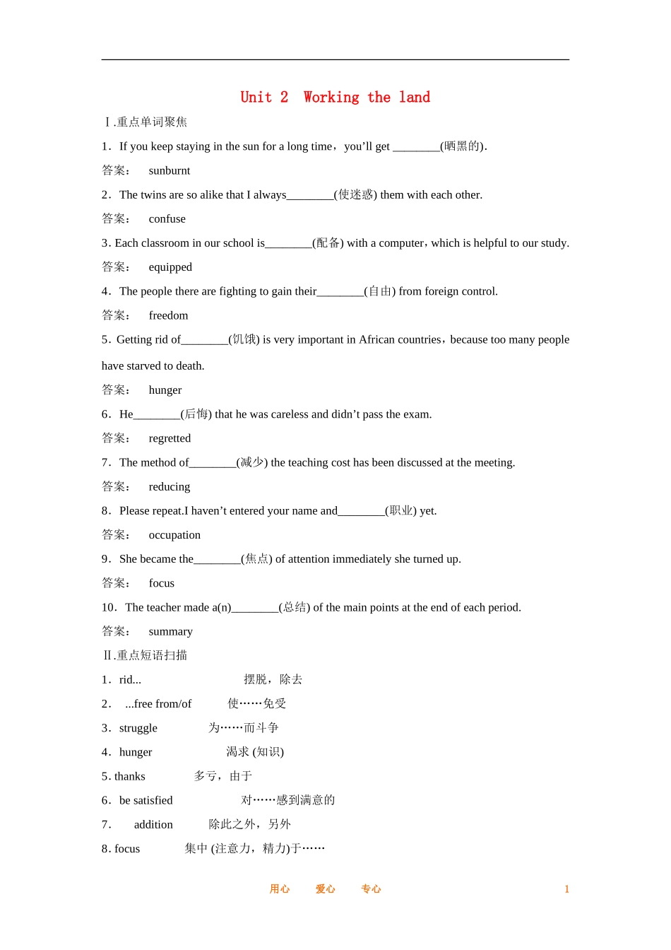 2012届高中英语一轮复习 Unit 2　Working the land精讲精练学案 新人教版必修4_第1页