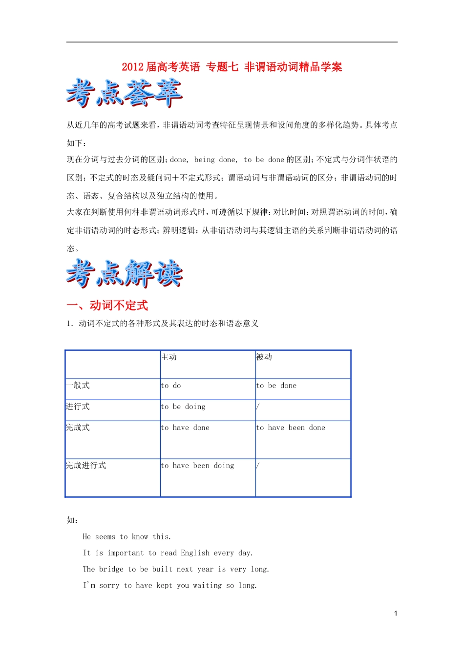 2012届高考英语 专题七 非谓语动词精品学案_第1页