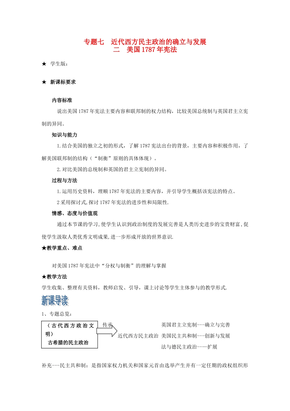 2012年高中历史 7.2 美国1787年宪法学案 人民版必修1_第1页