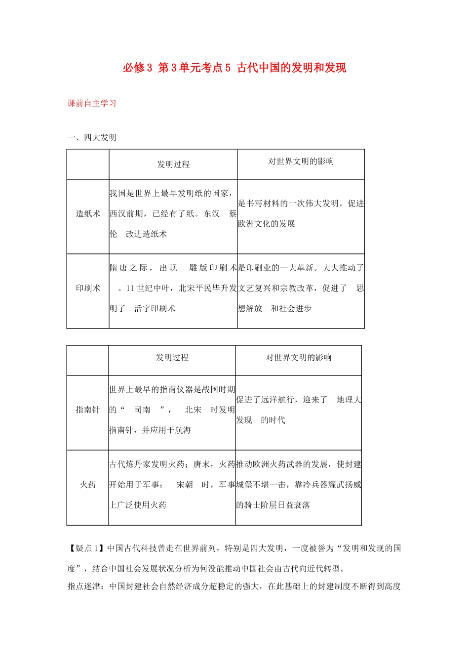 2012届高中历史一轮复习 第3单元 考点5古代中国的发明和发现精品学案 新人教版必修3_第1页