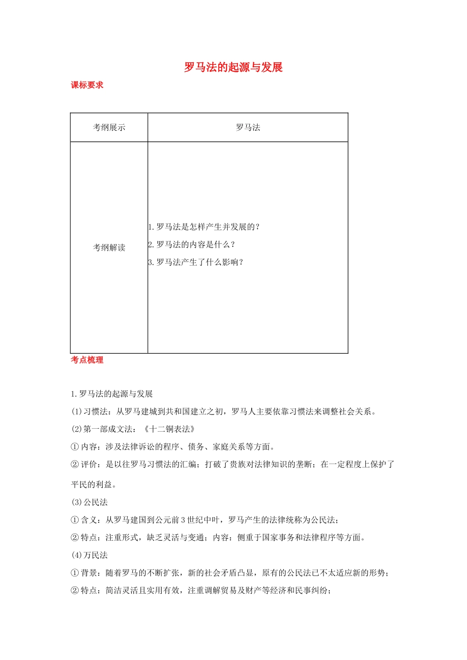 2012届高中历史一轮复习 罗马法的起源与发展学案 人民版_第1页