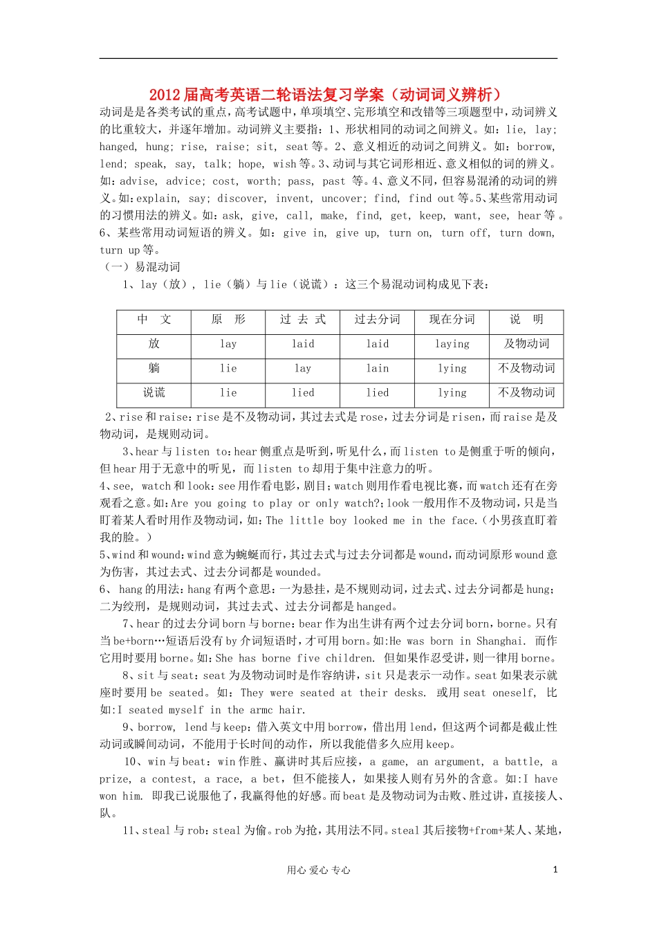 2012届高考英语二轮 语法复习（动词词义辨析）学案_第1页