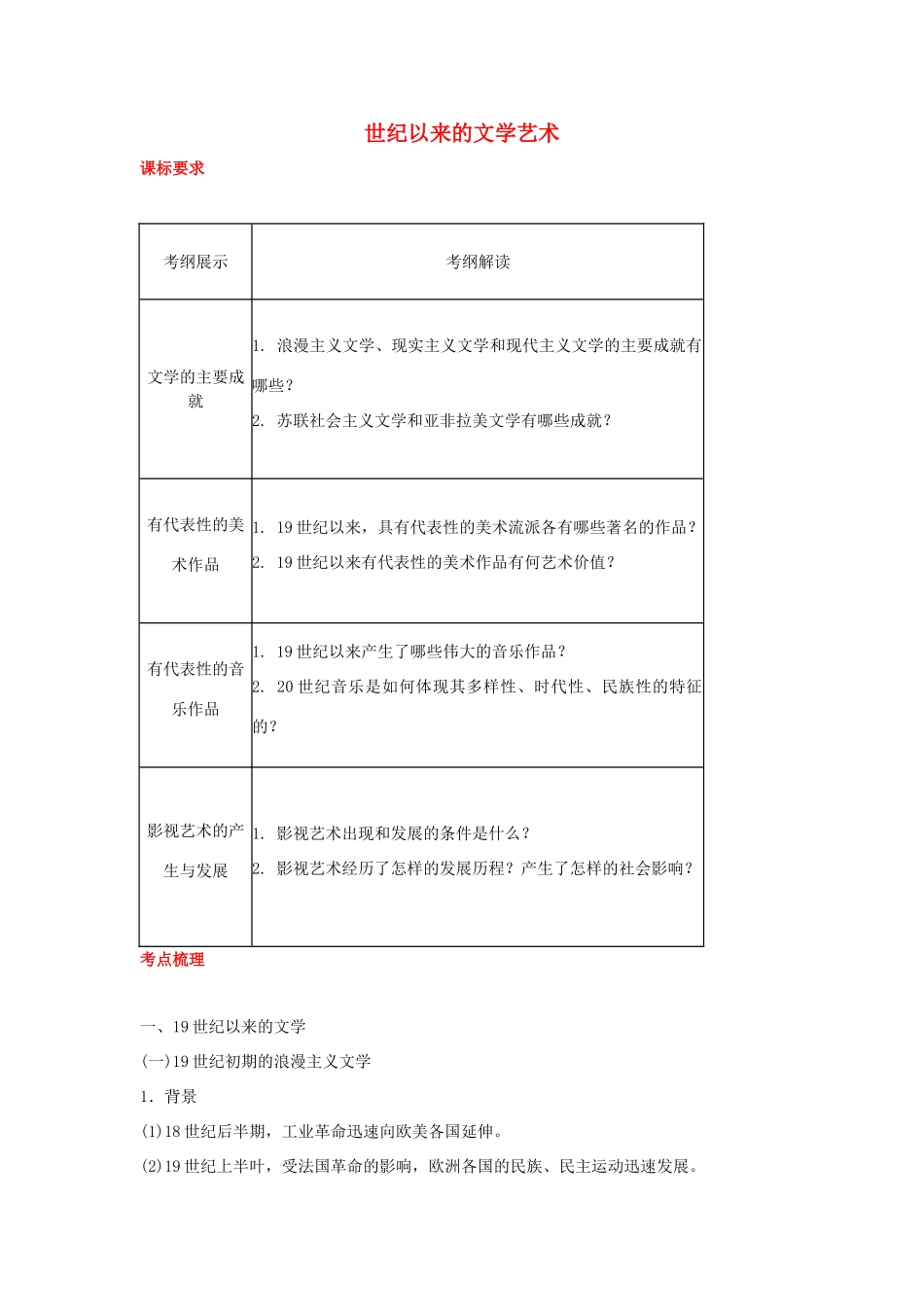 2012届高中历史一轮复习 世纪以来的文学艺术学案 人民版_第1页