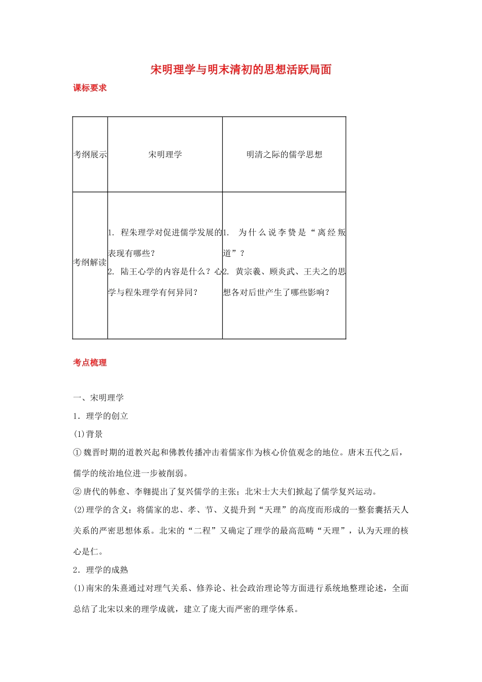 2012届高中历史一轮复习 宋明理学与明末清初的思想活跃局面学案 人民版_第1页