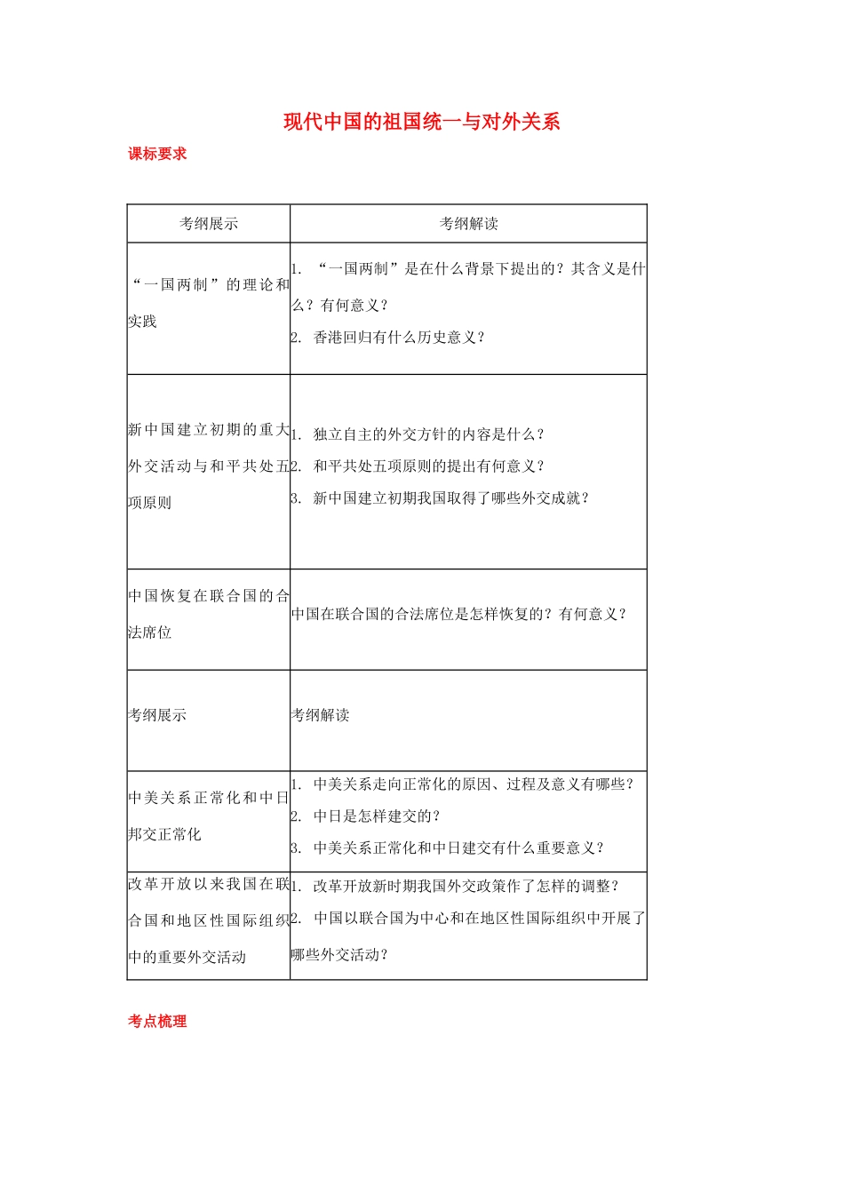 2012届高中历史一轮复习 现代中国的祖国统一与对外关系学案 人民版_第1页