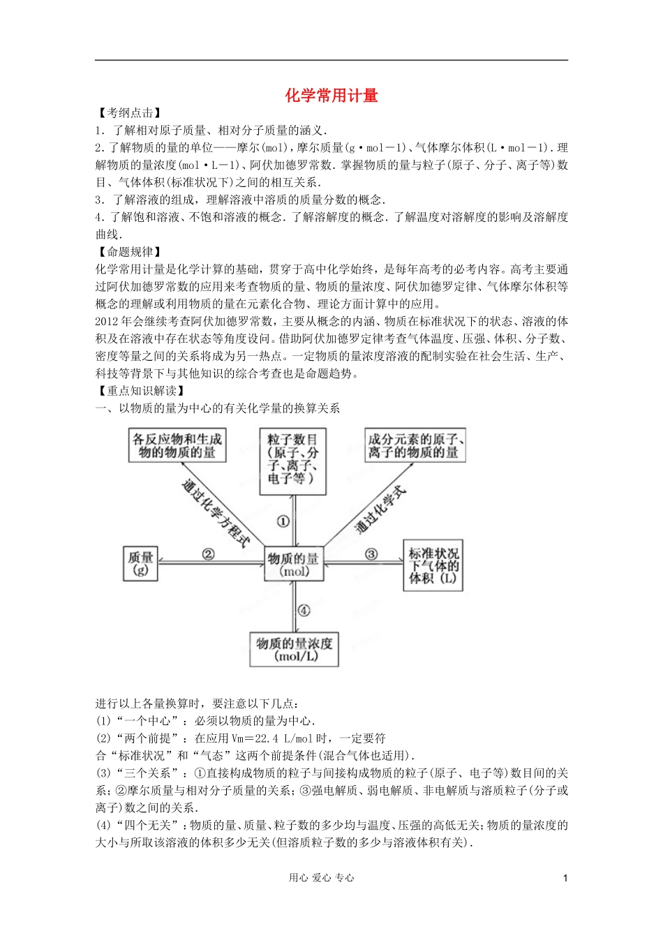 2012年高考化学二轮 专题训练 专题二 化学常用计量教案（学生版）_第1页