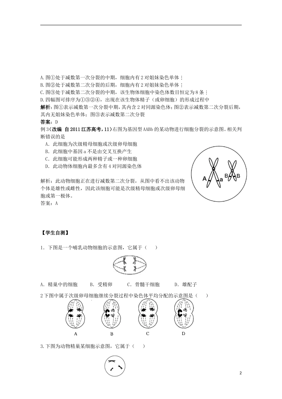 2012年高中生物2.1《生殖细胞的形成》2自学学案 苏教版必修2_第2页