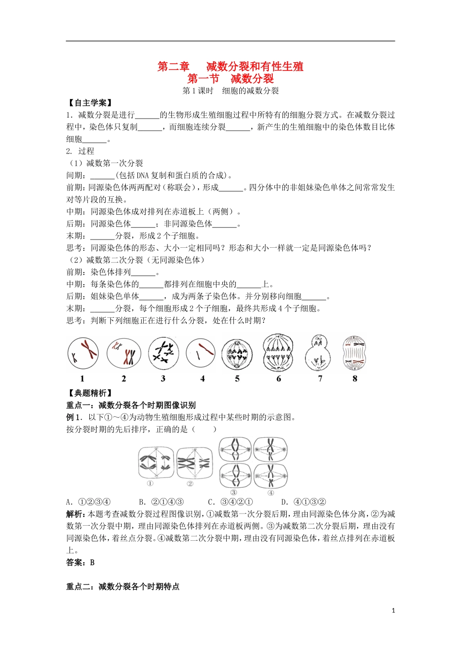 2012年高中生物2.1《细胞的减数分裂》1自学学案 苏教版必修2_第1页