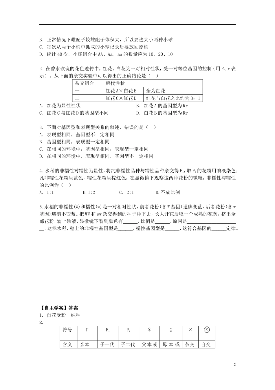 2012年高中生物3.1《基因的分离定律》自学学案 苏教版必修2_第2页
