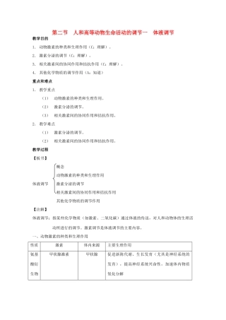 2012高三生物第一轮复习 4、生命活动的调节2-1人和高等动物生命活动的调节之体液调节教案 新人教版