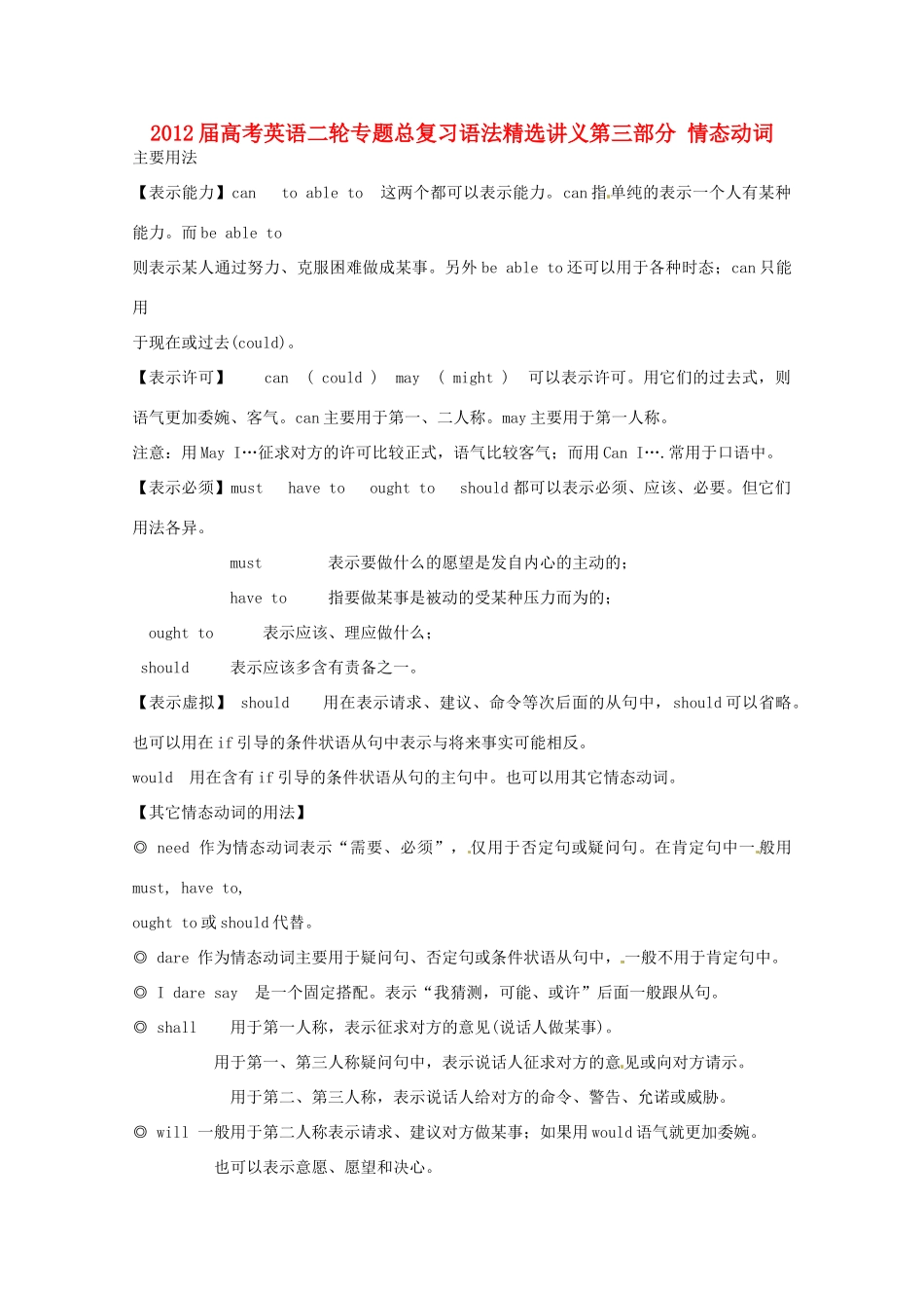 2012届高考英语二轮专题总复习 语法精选讲义第三部分 情态动词_第1页