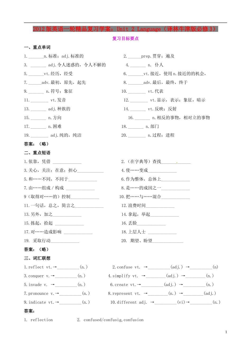 2012版高考英语一轮 Unit 2 Language精品复习学案 译林牛津版必修3_第1页
