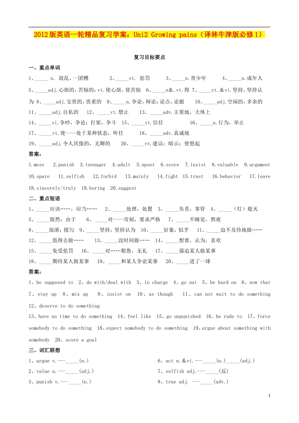 2012版高考英语一轮 Unit2 Growing pains精品复习学案 牛津译林版必修1_第1页