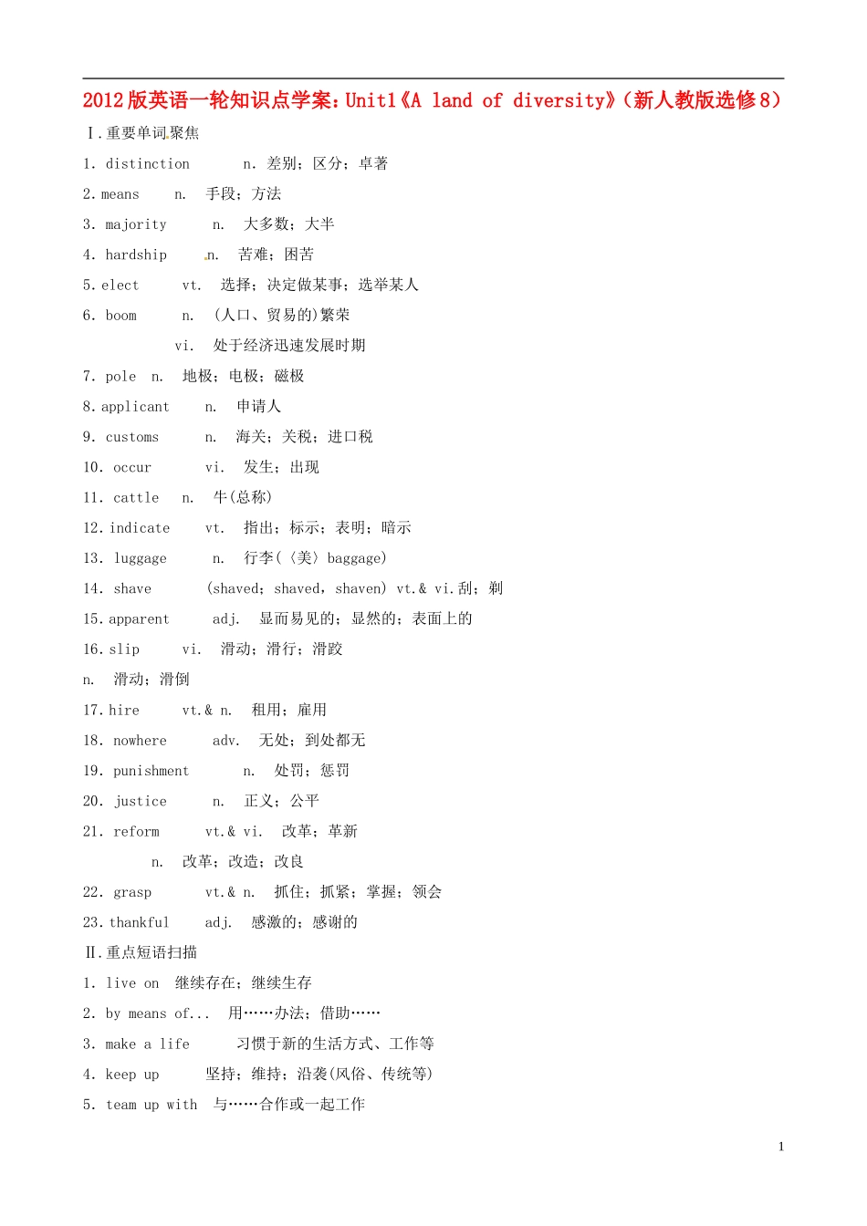 2012版高考英语一轮复习 Unit1《A land of diversity》知识点学案 新人教版选修8_第1页