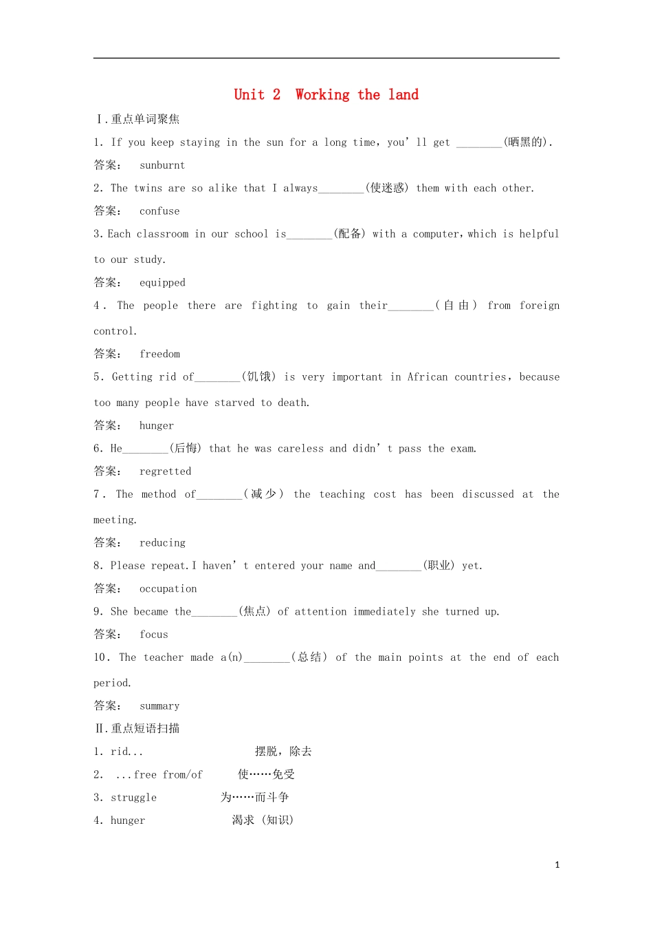 2012届高考英语一轮复习 Unit 2 Working the land精讲精练学案 新人教版必修4_第1页