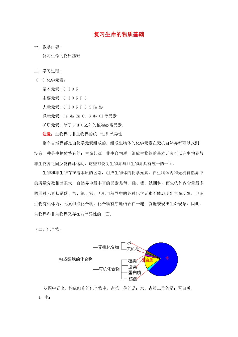 2012高三生物专题复习 生命的物质基础教案_第1页