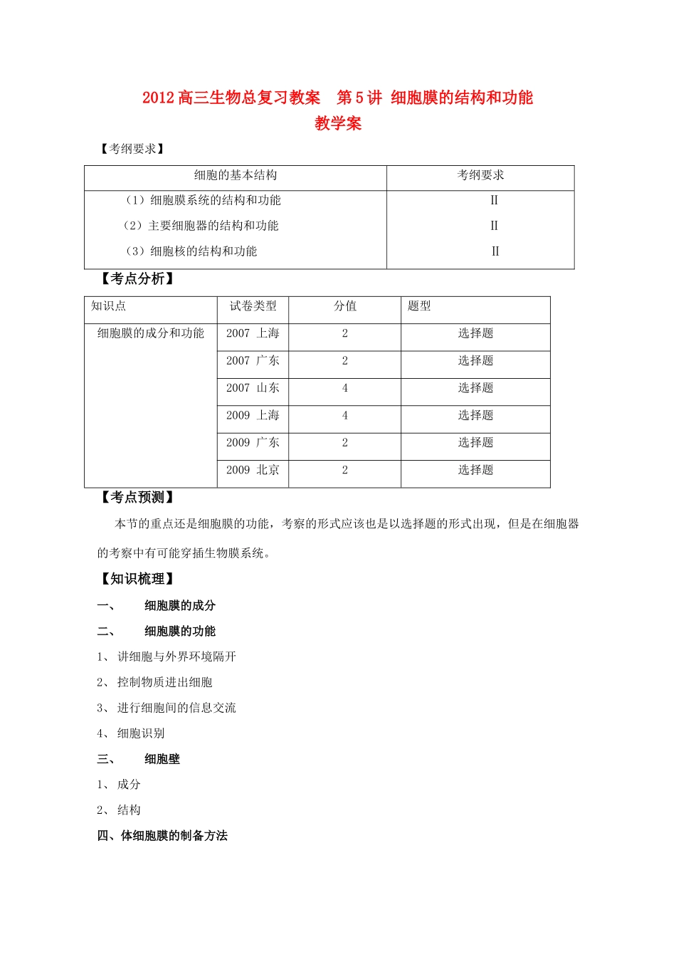 2012高三生物总复习 第5讲细胞膜的结构和功能教案_第1页