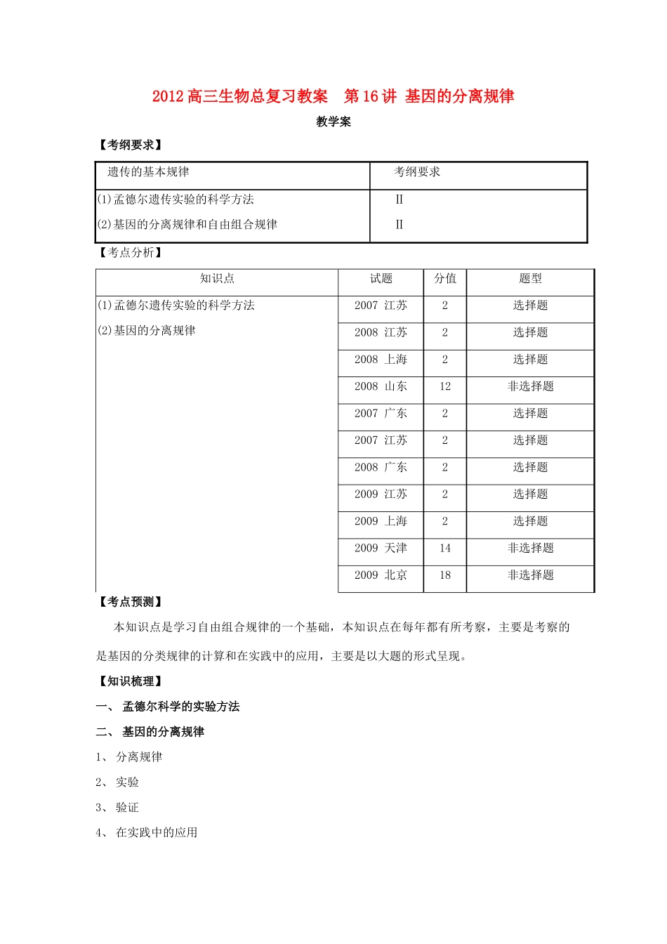 2012高三生物总复习 第16讲 基因的分离规律教案_第1页