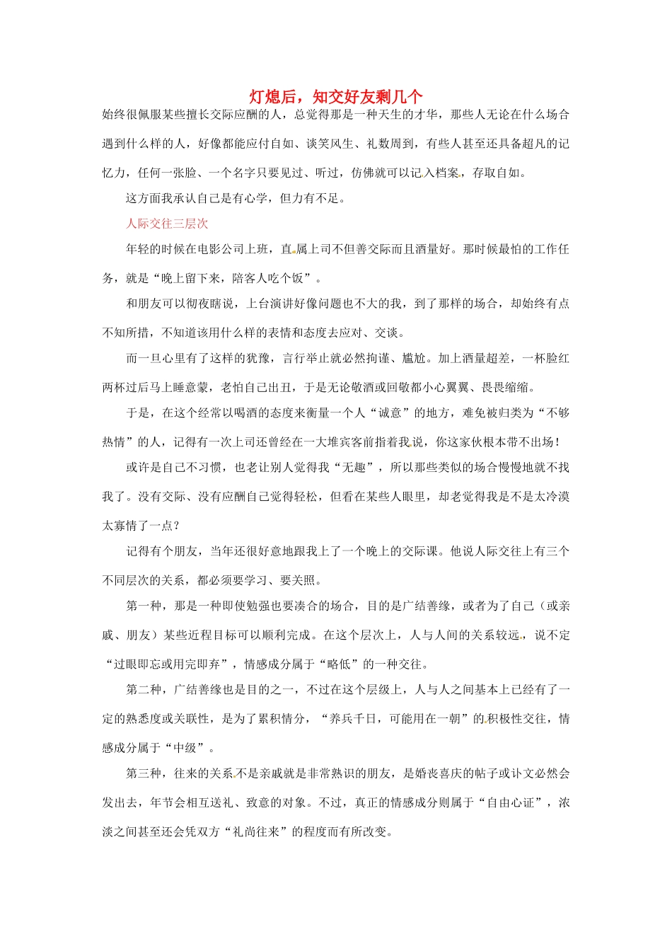 2012年高中语文 阅读材料 灯熄后，知交好友剩几个素材_第1页
