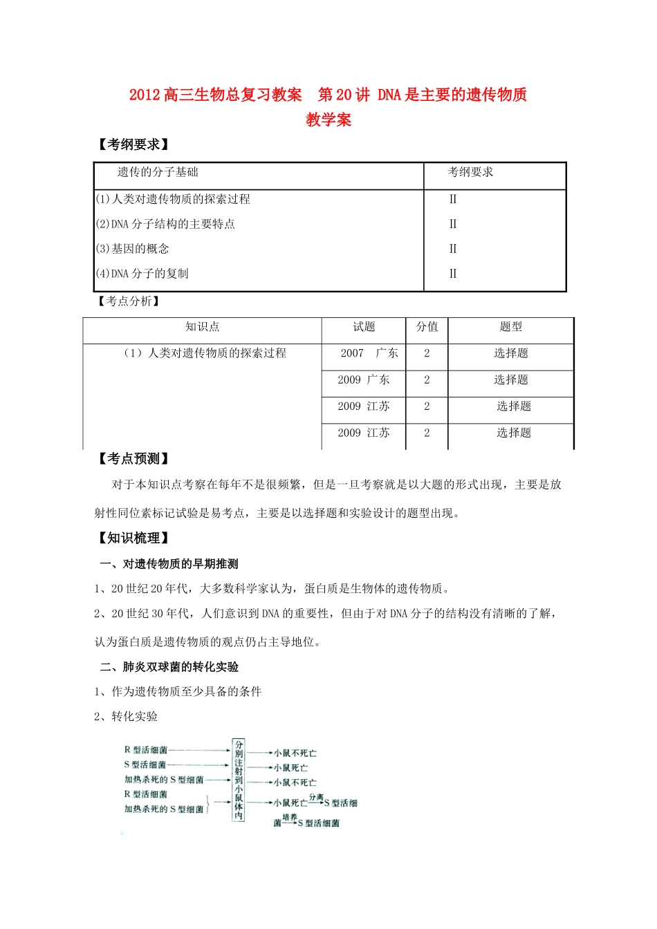 2012高三生物总复习 第20讲DNA是主要的遗传物质教案_第1页