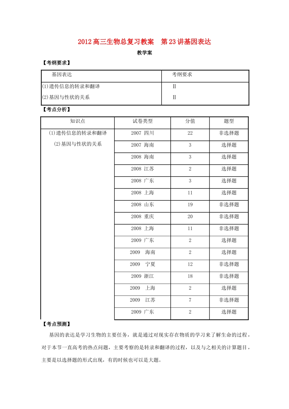 2012高三生物总复习 第23讲 基因表达教案_第1页