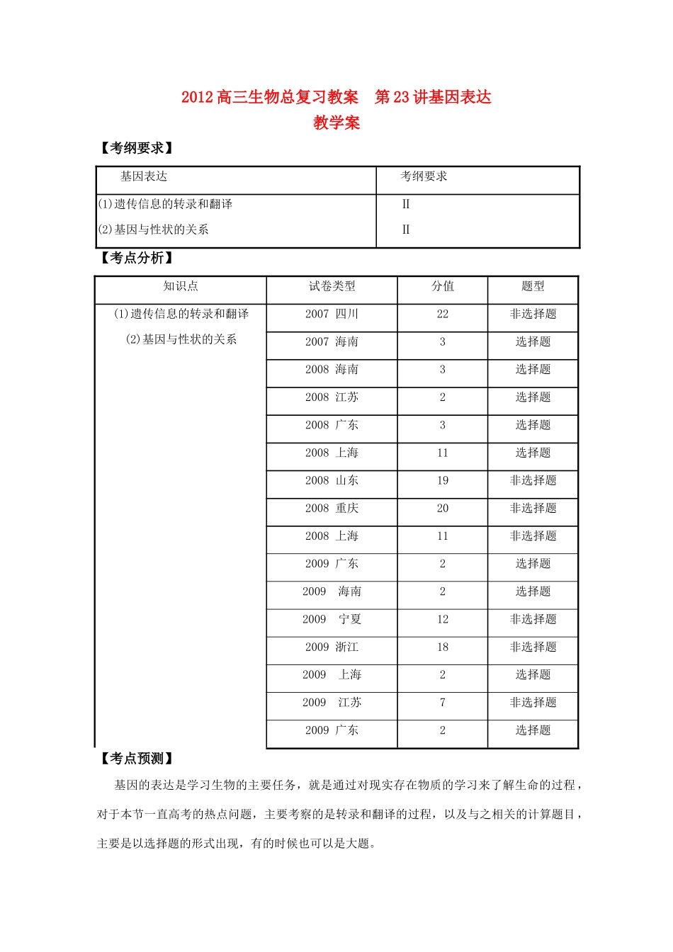 2012高三生物总复习 第23讲基因表达教案_第1页