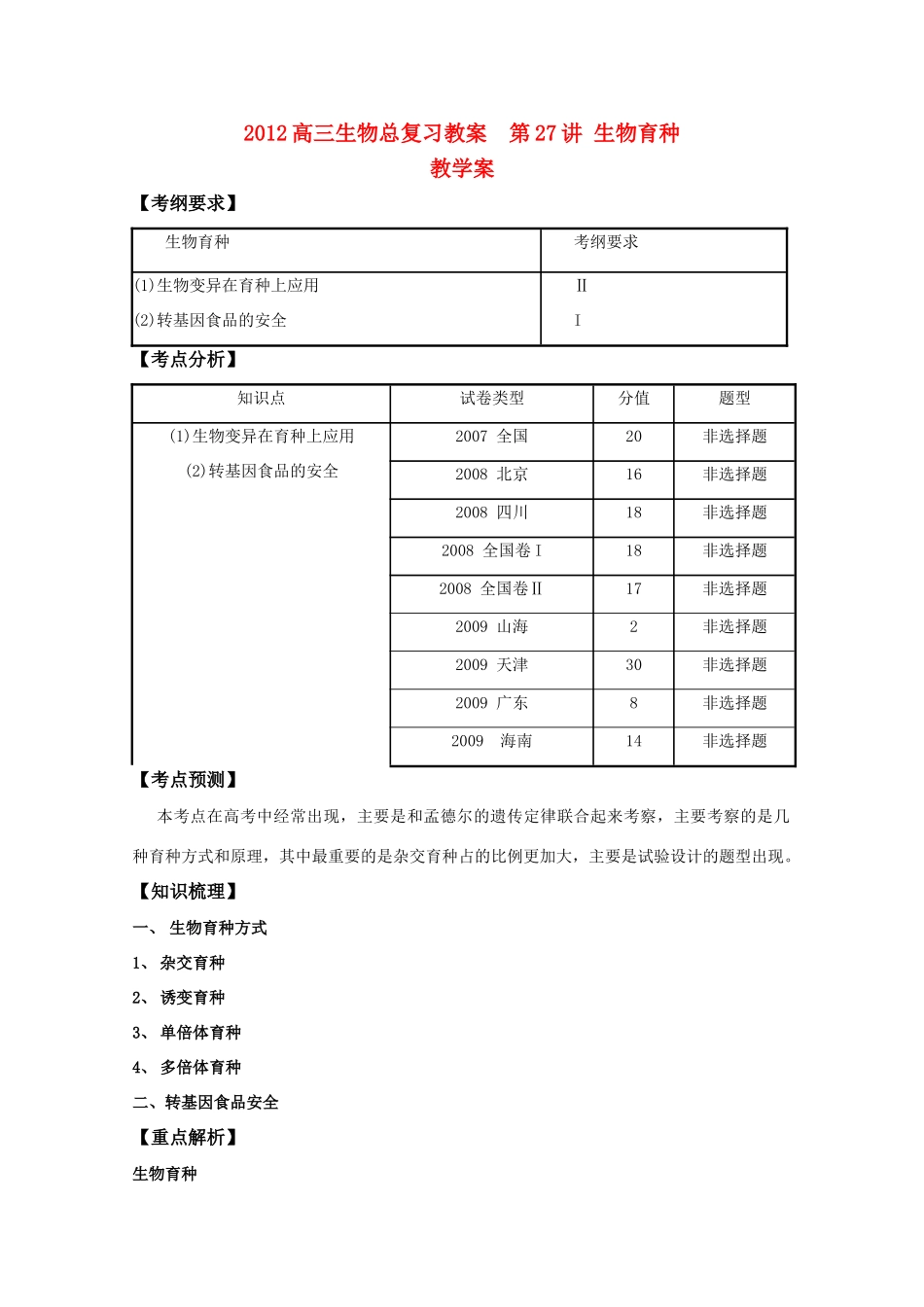 2012高三生物总复习 第27讲生物育种教案_第1页